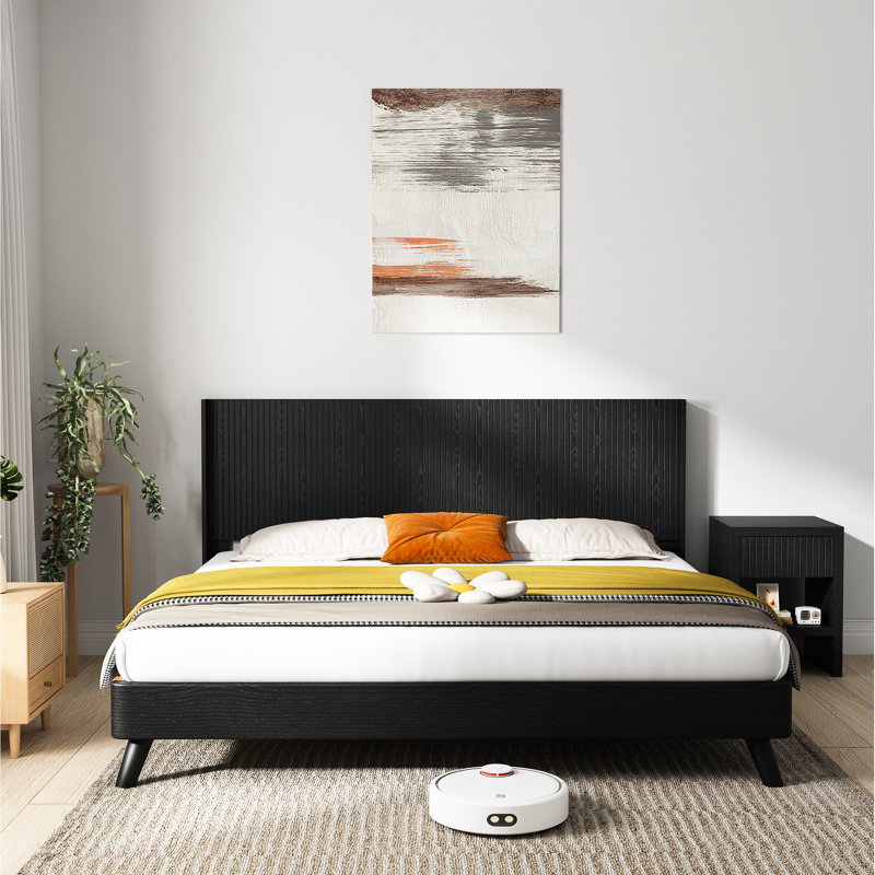 Queen Size 64.4" Wide Black Oak Wood Headboard, Modern Wall Mounted Fluted Wingback Design Thought, Elegant Real Constitution, Contemporary 3d Configured Look, And Easy To Assemble Quickly Bed's