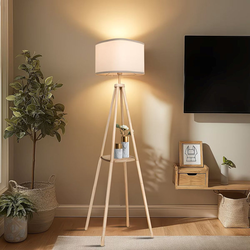 64In Wood Tetrapod Floor Lamp Dimmable With Shelves, Remote Control, Mid Century Standing Lamp For Bedroom