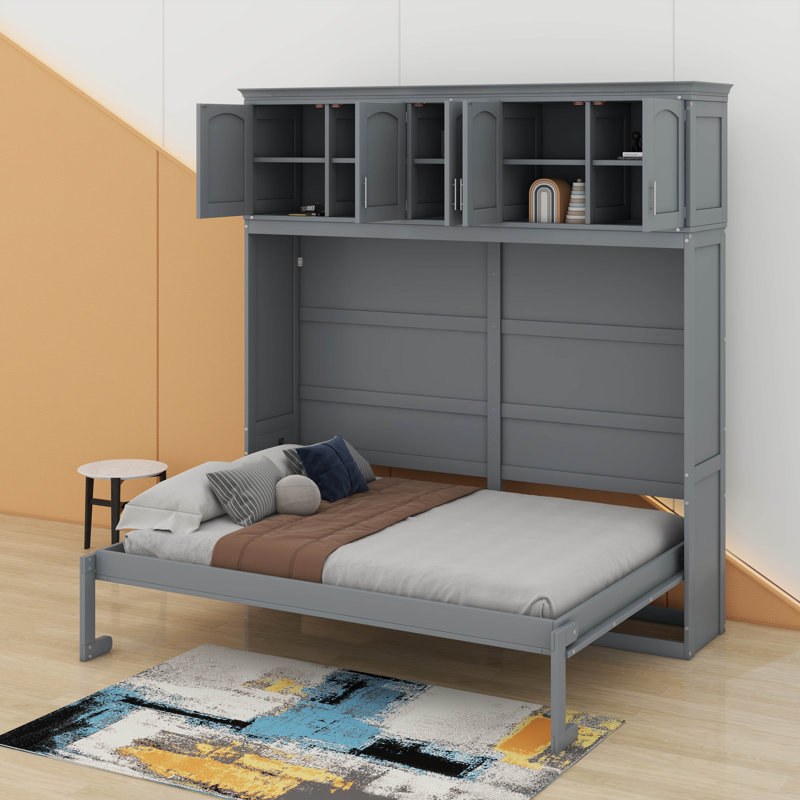 Lit escamotable avec armoires supérieures Murphy, Gris, Lit double