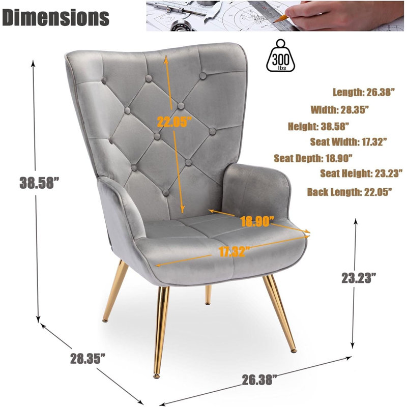 Gray Velvet High-Back Armchair with Golden Metal Legs
