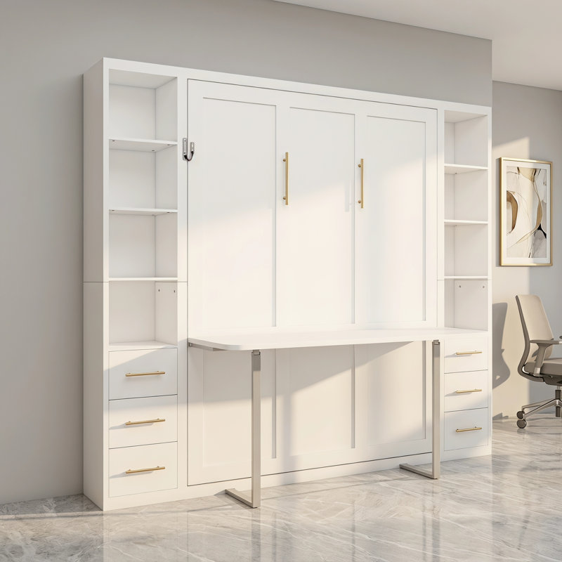 Hampton Space-Saving Murphy Bed with Desk & Side Cabinets, Foldable Wall Bed for Home Office, Study Room