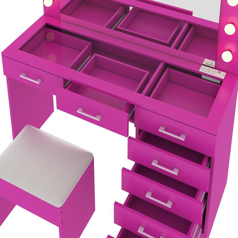 Large Makeup Vanity Set with Lights, USB & Power Outlet,7 Drawers, Pink