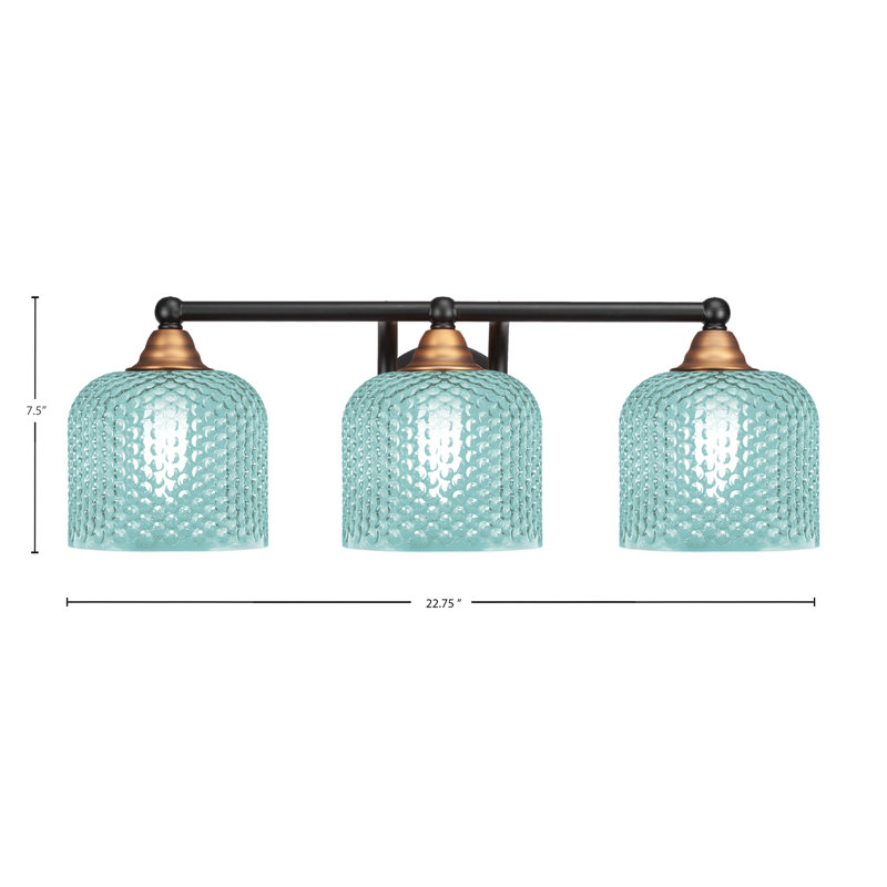 Verre turquoise 6 po Paramount, H 7,5 po x l 22,75 po x P 8 po, Noir mat / laiton, Trois lumières