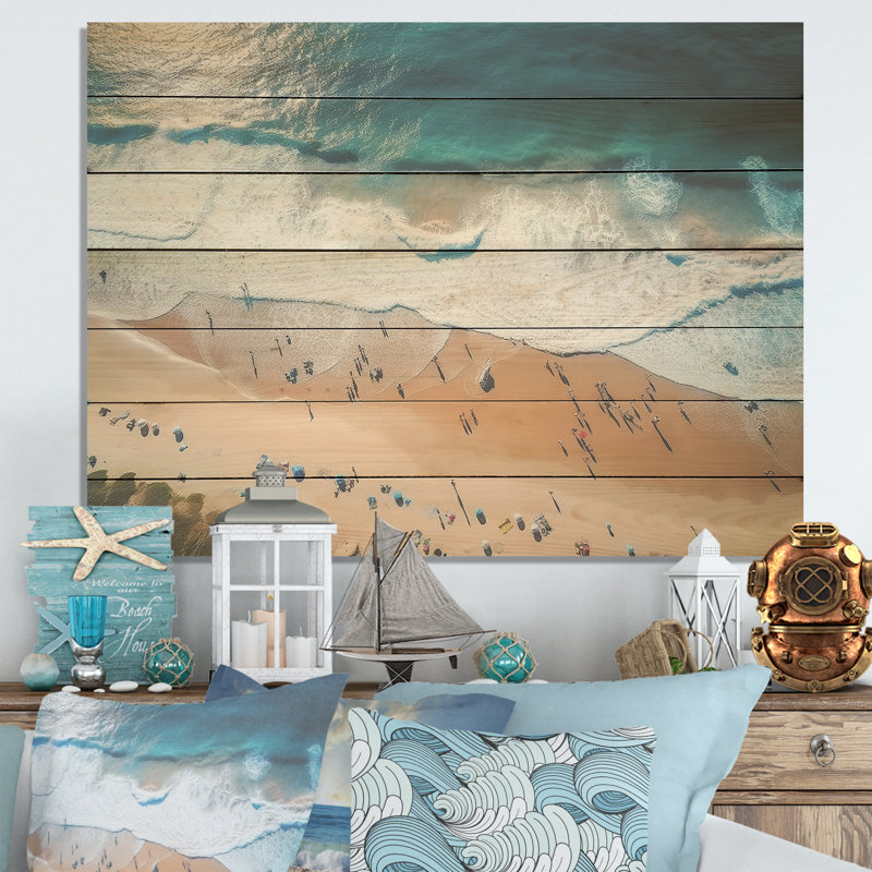 Blue Beach Aérienne vue majestueux II - plage et océan sur bois, H 34 po x l 44 po