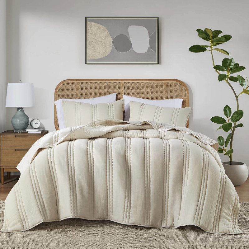 Courtepointe pour gaze double / grand naturel 3 pièces - rembourrage doux, motif de courtepointe Channel, visuel froissé et 2 taies décoratives, étiquetée, matelassage à l'épreuve, design,