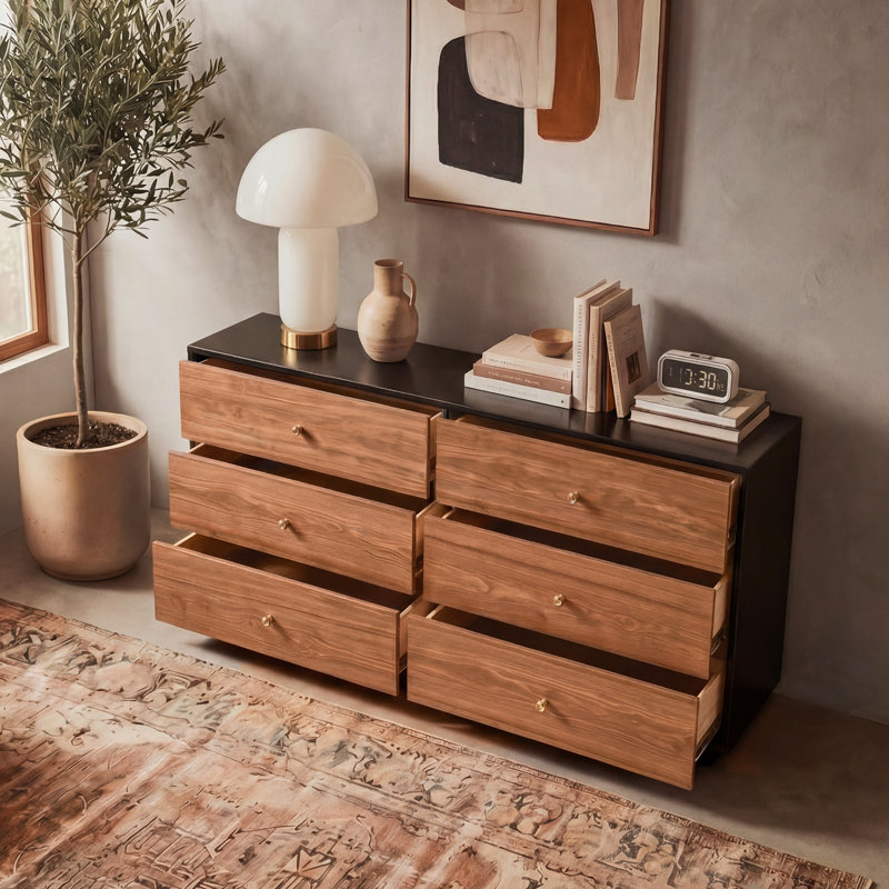 Arlo 47'' Modern Solid Wood 6-Drawer Storage Dresser Sideboard with Velvet-Lined Drawers, Fully Assembled
