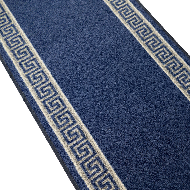 Custom Size Anti Slip Low Profile Loop Pile Meander Greek Key Navy Design Runner Rug Carpet, Runner 1'10" x 40'