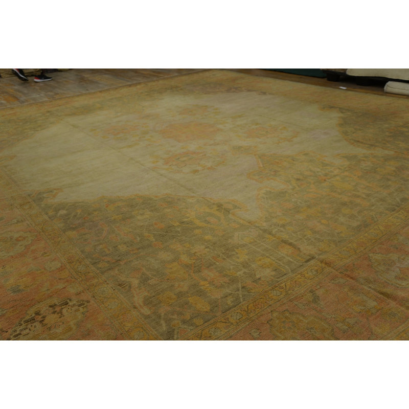 Wool Hand Knotted Pile Ivory Beige Cream White Large Floral Medallion Square Antique 1890s Rug
