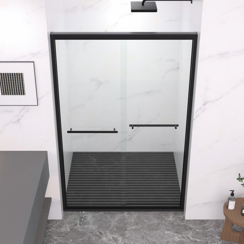 44 - 48" Wide Aluminum Frame Double Sliding Shower Enclosure With Chamfered 8mm Tempered Glass, Corrosion Handle, Handle For Towel And Sliding, Reversible Installation In Bathroom Chamfer Edged Black