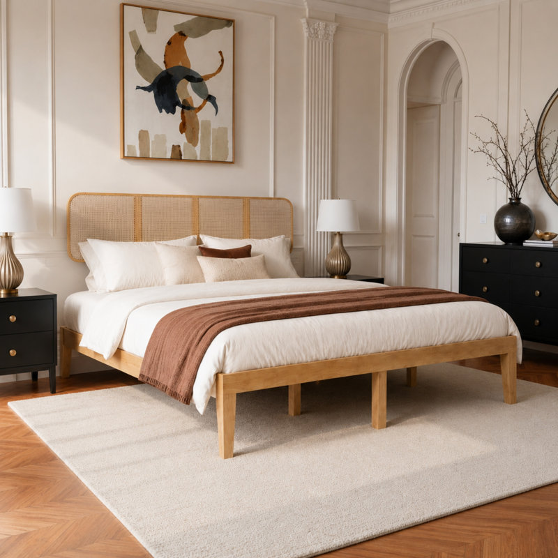 Très grand lit plateforme 79,2 po avec tête de lit tissée, King
