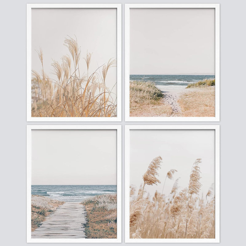 «Pampas Grass Beach Ocean Shore», impression encadrée de 4 pièces, H 14 po x l 11 po x P 1 po, Cadre blanc