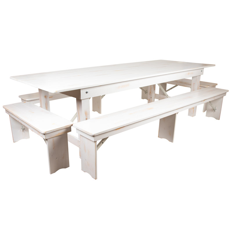 Donashia Antique Rustic White Folding Farm Table, 29.75" H x 108" W x 40" D, 5 Pieces: Table, 4 Chairs