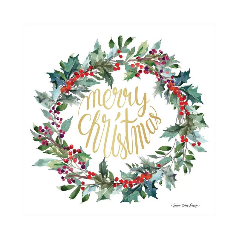 Merry Christmas Holly Wreath by Seven Trees Design - Wrapped Canvas Painting, 30.48cm H x 30.48cm W x 1.91cm D