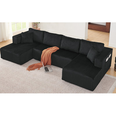Canapé modulaire en forme de U de 132 po, canapé convertible en nuage compressé confortable avec poches latérales, canapé-lit minimaliste en velours côtelé minimaliste moderne pour le salon, aucun assemblage requis