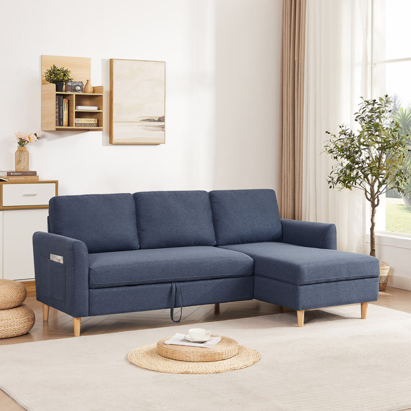 Upholstered Fabric Sleeper Sectional Sofa With Chaise, 31.42" H x 28.27" W x 50.13" D, Blue Fabric