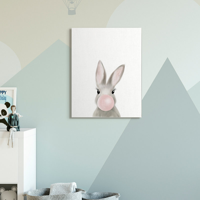 Lapin avec gomme à bulles rose, animal de la forêt, H 40 po x l 30 po x 1,5 po, Toile tendue