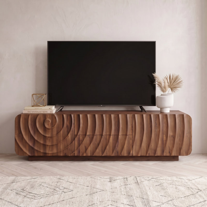 58" Modern Wood TV Stand with Storage, TV Console with 2 Drawers & Cabinet Doors, Entertainment Center with Sculptural Wave Design