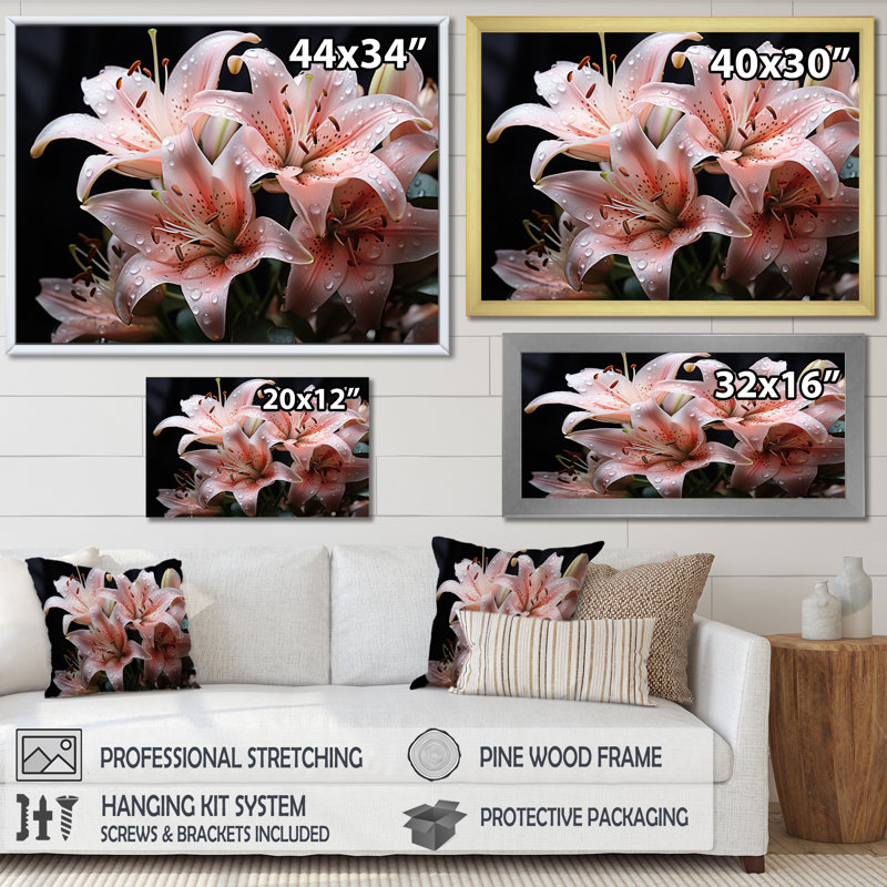 Coral Lilies Whispering Lilies Black, reproduction d'art sur toile, H 16 po x l 32 po x P 1 po, Cadre flottant noir