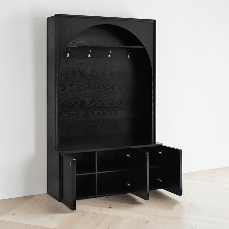 Hall Tree With Storage Bench, Coat Hook Storage, Arched Design, Contemporary, Entryway Organization, Black