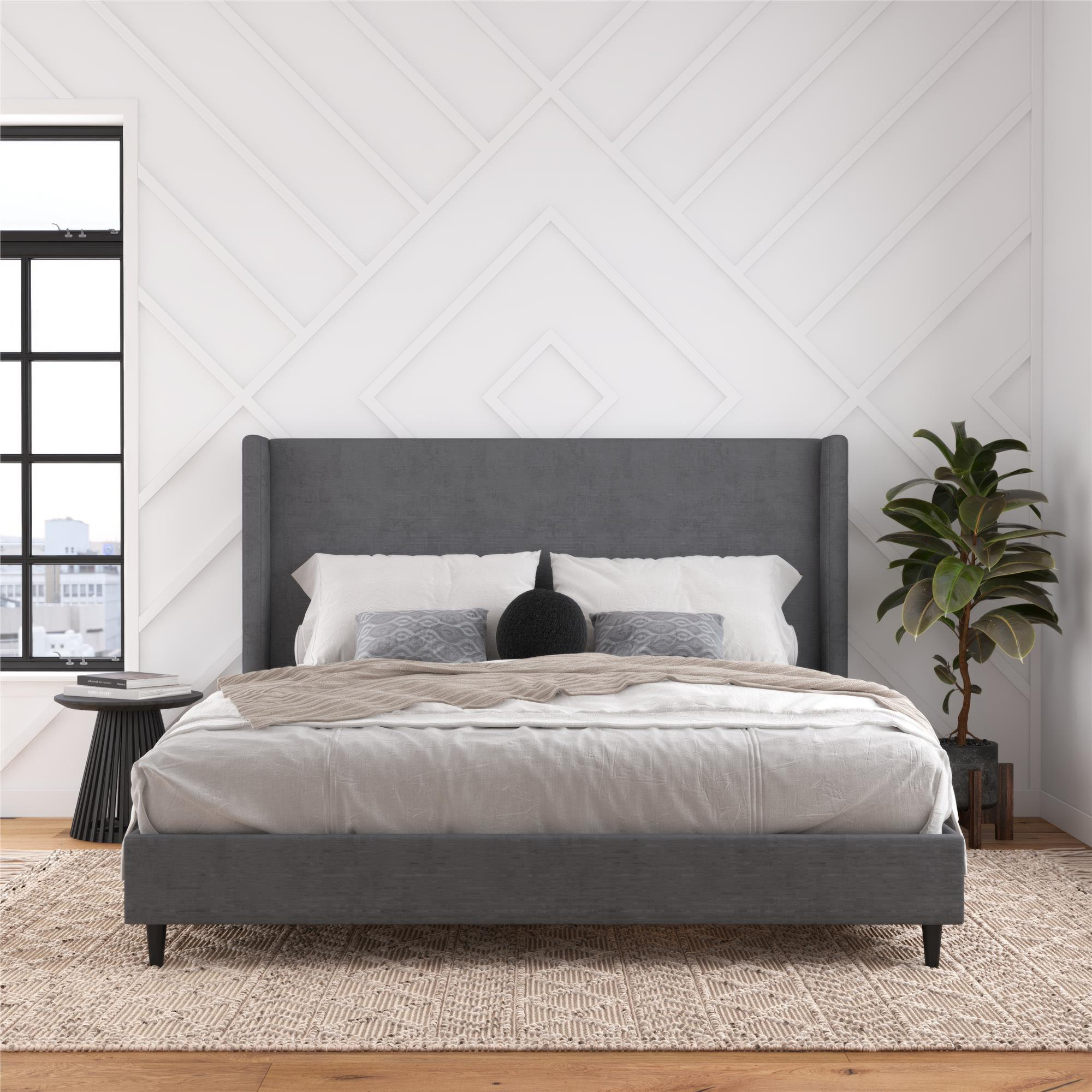 Birzer King Upholstered Wingback Bed Wade Logan Color Textured Beige Canvas