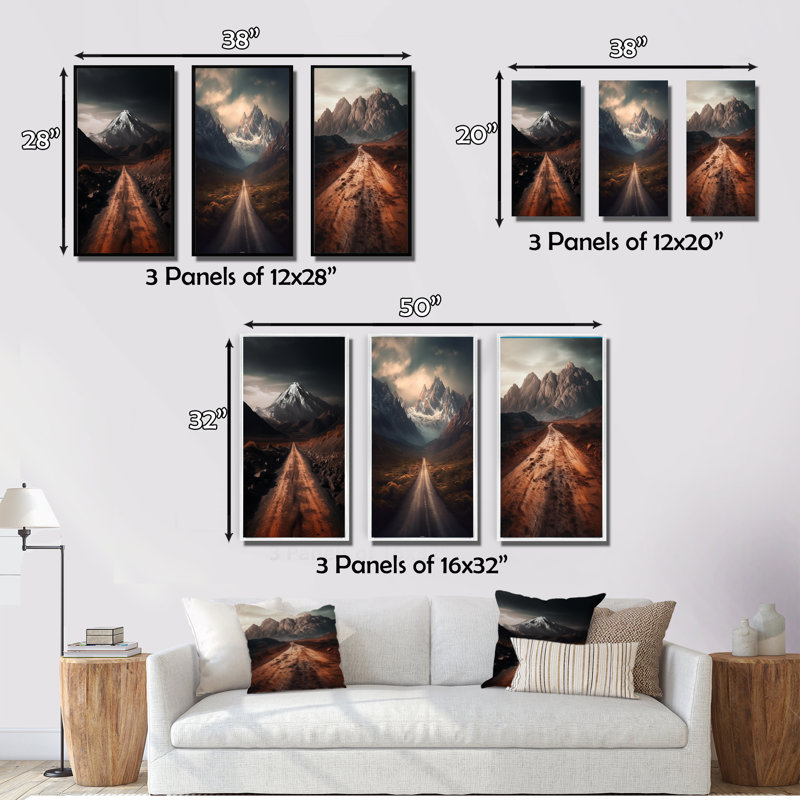 Endless Roads to Misty Snow Mountains IV - ensemble de 3 reproductions, Cadre naturel flottant, H 36 po x l 20 po