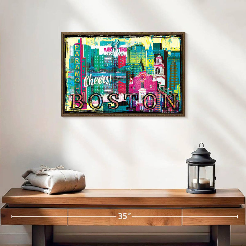 Repères grunge de Boston City, 19 po x 13 po, Cadre flottant noyer