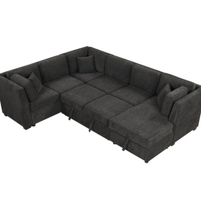 Black Chenille U-Shaped With Storage & Bed Function, 2 Ports, Power Sockets For Living Room 108.6" Chaise, Sockets,