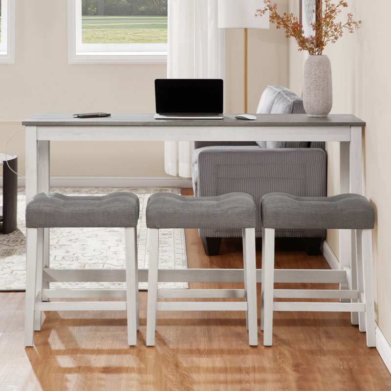 Ensemble de table de bar 4 pièces avec prise de courant, ensemble de table de bar avec chaises, table de bar avec tabourets, table de canapé avec 3 tabourets rembourrés, pour le salon, la salle à manger, blanc et gris