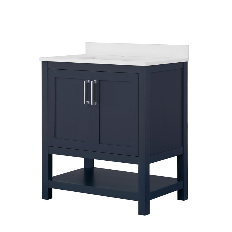 Midnight Blue Freestanding Bathroom Vanity with Marble Top, 30 Inch