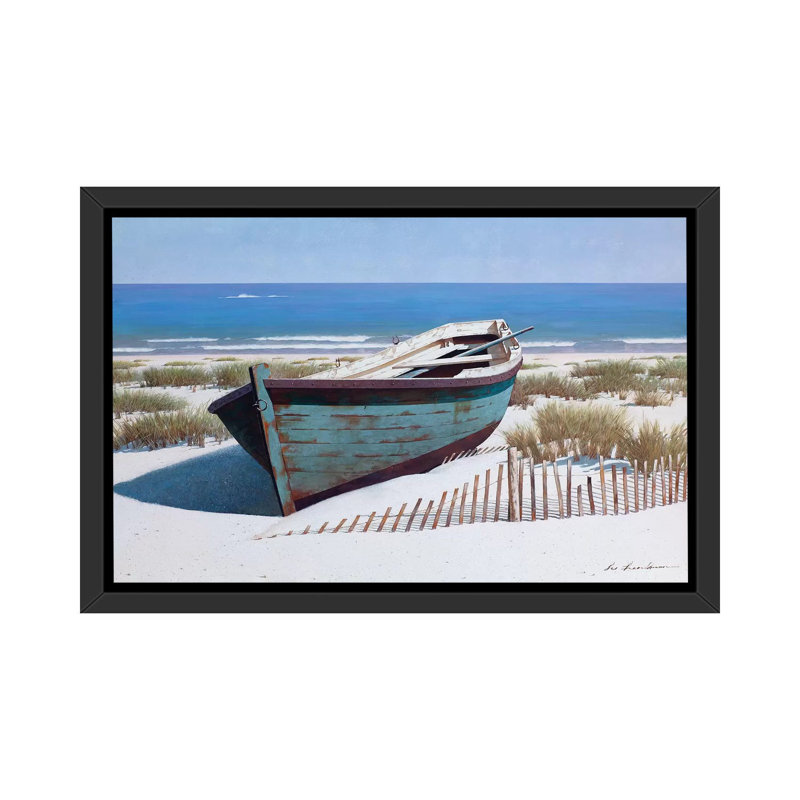 «Blue Boat on Beach» par Zhen-Huan Lu - reproduction de photo, H 40 po x l 60 po x 1,5 po, Toile avec cadre noir