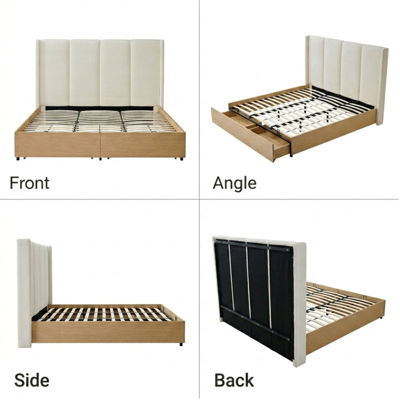 Modern Storage Platform Bed with Extra-Tall Wingback Headboard and Hidden Footboard Drawers, Beige, King