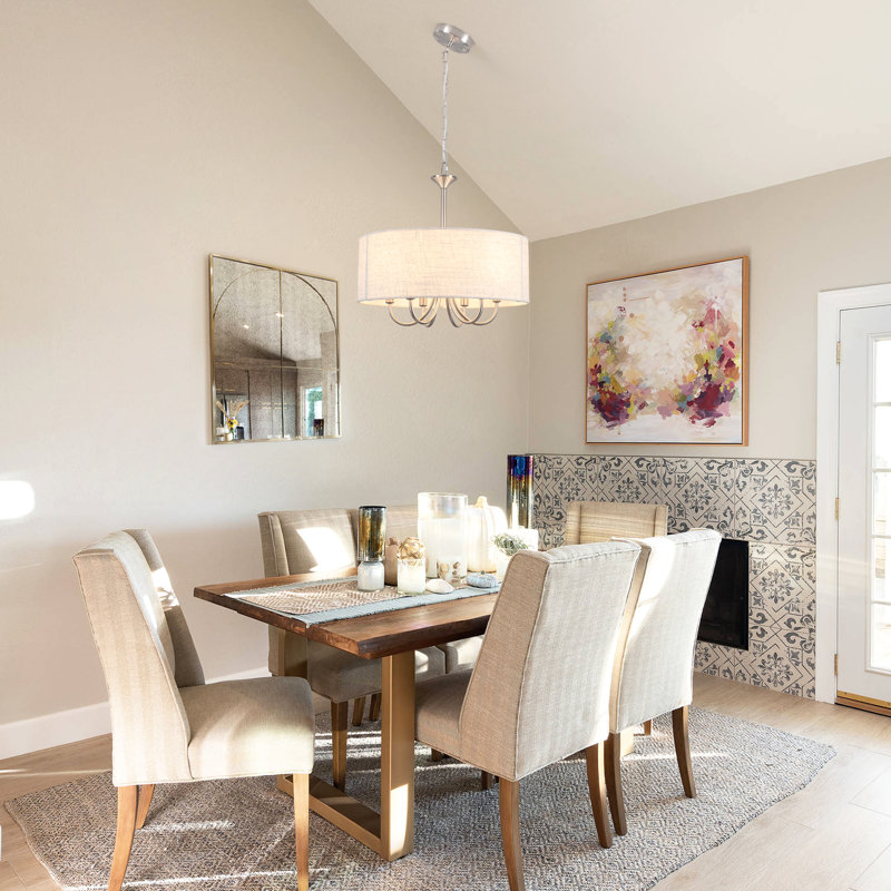 Lustre tambour de ferme moderne à 6 lumières avec abat-jour en lin 17,95 po, Blanc, Nickel