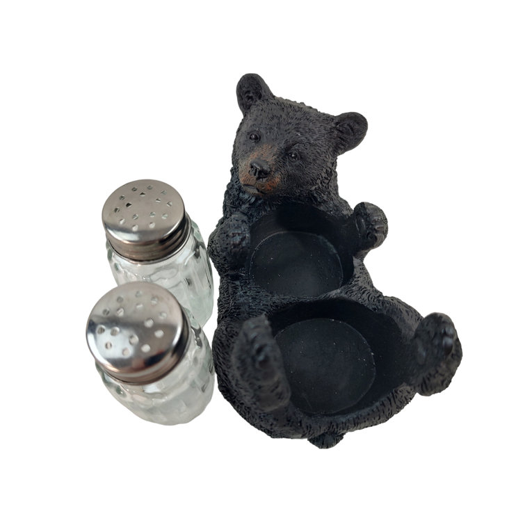 Black Bear on Log Natural Brown Resin and Glass Salt and Pepper