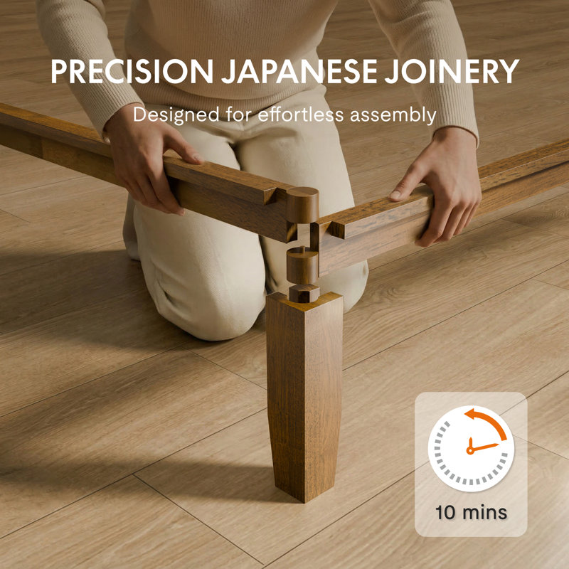 Japanese Joinery Craft Solid Wood Platform Bed with Integrated USB Charging, Walnut, Queen