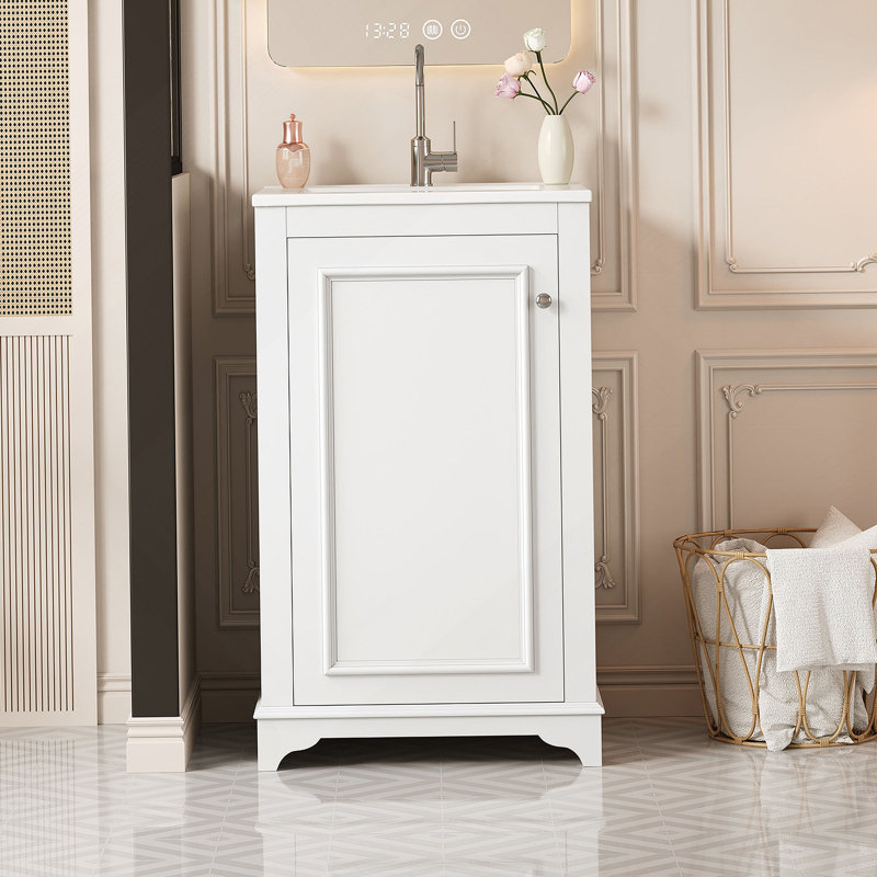 Ensemble de meuble-lavabo autoportant de 20 pouces avec lavabo en céramique, ensemble de meuble-lavabo simple autoportant avec porte à fermeture douce, tablette réglable, style moderne, blanc.