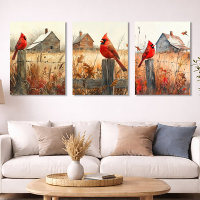 «Cardinal Bird» par la ferme I - oiseaux, impression murale en métal 3 pièces
