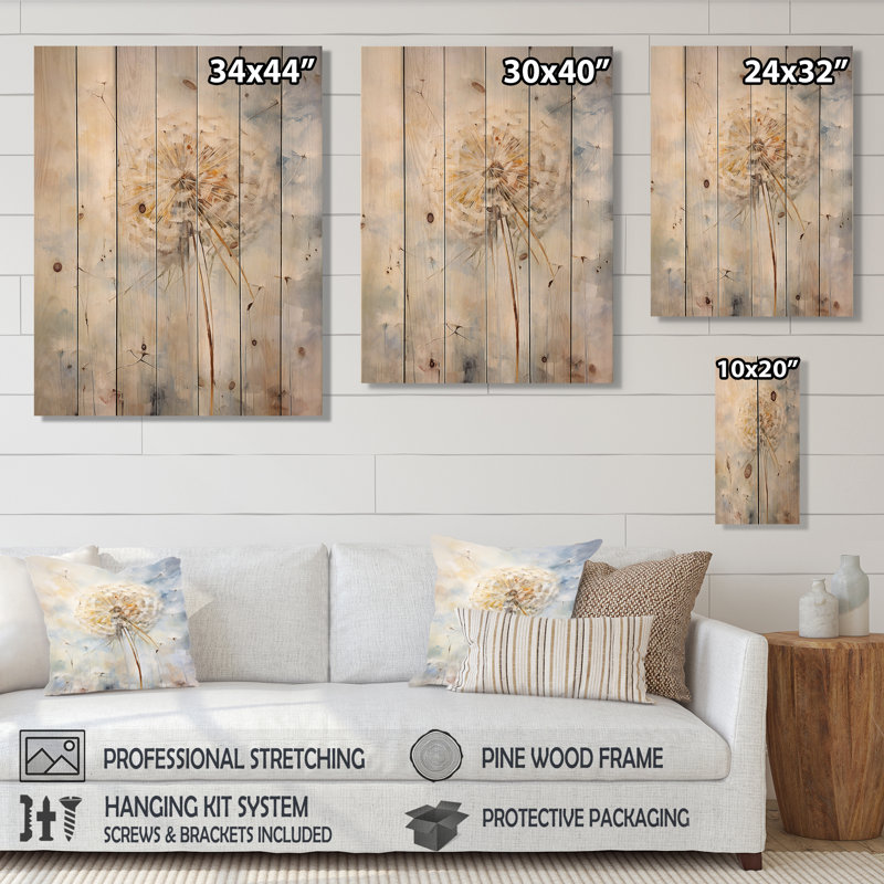 Charme de pissenlit en hiver I - art mural en bois de pissenlit sur bois de pin naturel, H 32 po x l 24 po