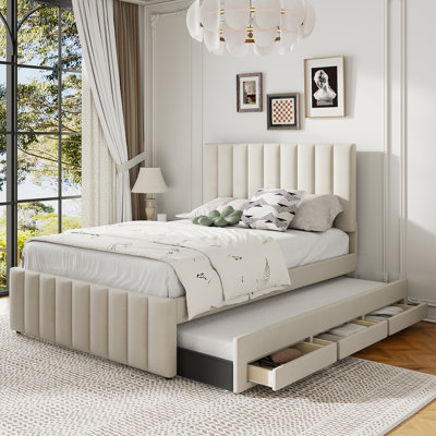 Lit plateforme tapissier avec couchette simple et 3 tiroirs Christiano