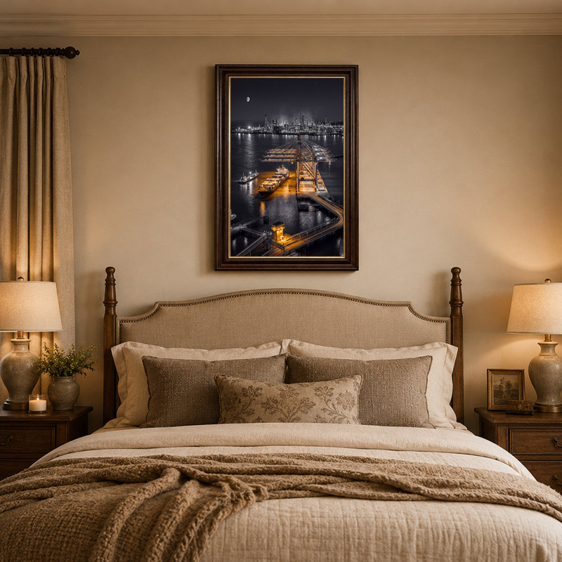 «Cargo Ship and Port Cranes at Industrial Harbor at Night», art mural sur toile, 18"H x 12"W