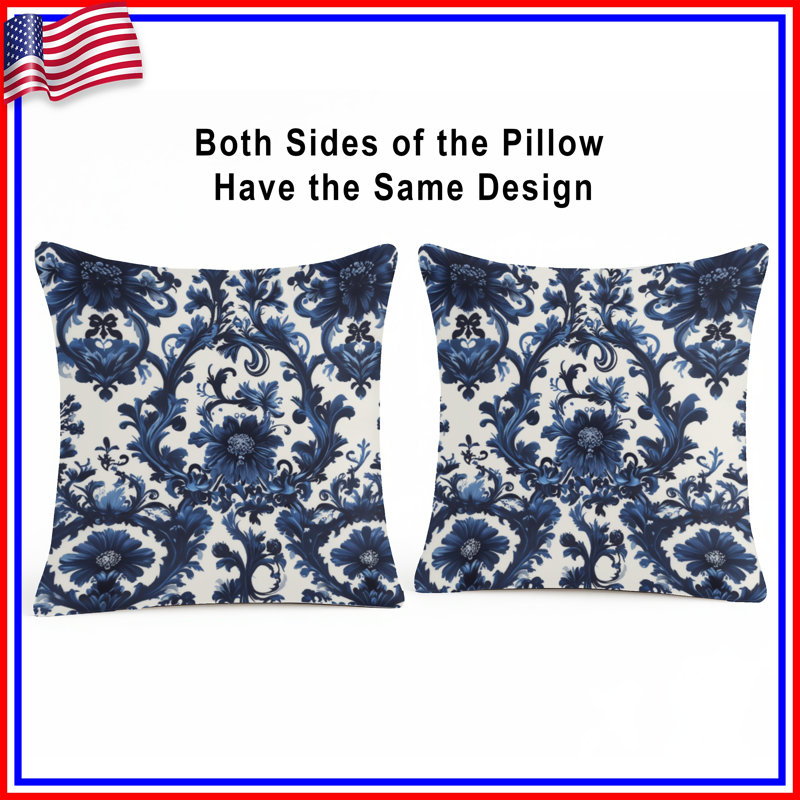 Blue Floral Damask Double Sided Throw Pillows, 14 x 14 inches