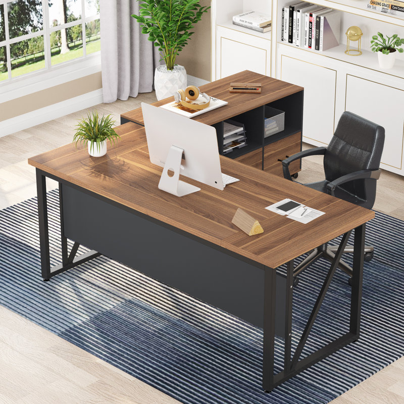 Bureau de direction en L avec crédence Dineke, Brun / noir, H 29,53 po x l 63 po x P 31,5 po