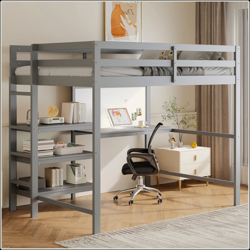 Lit mezzanine en bois avec tablettes, bureau et tableau d'écriture, Gris