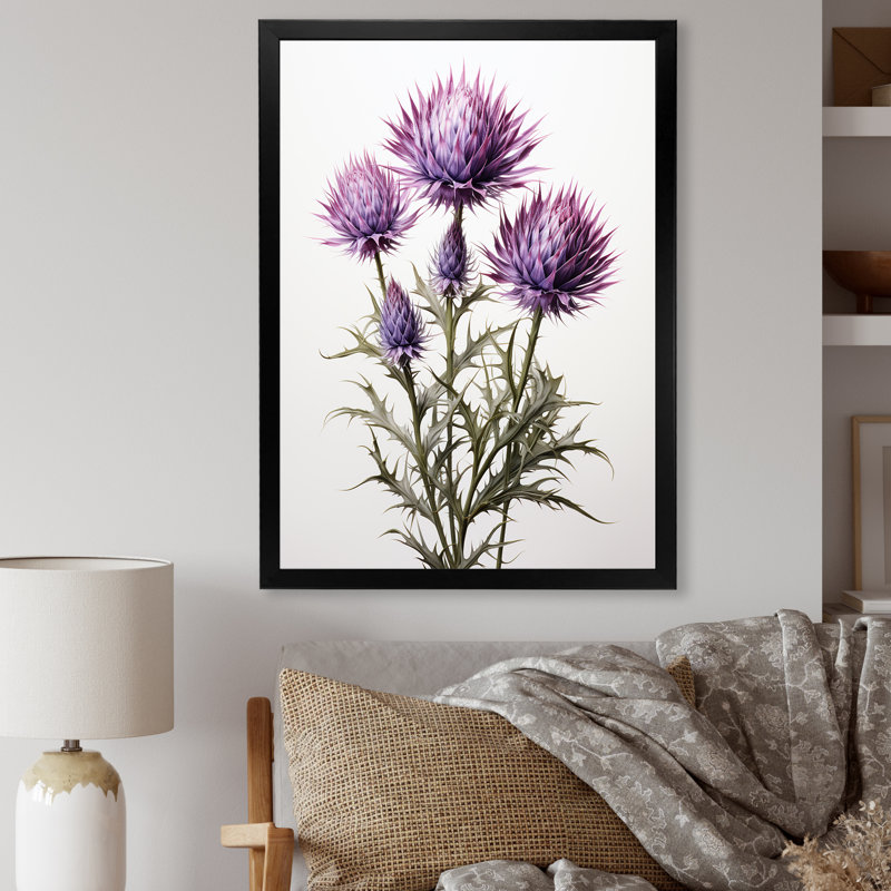 Rustique mauve et Whitethistle - chardon, art mural, Cadre simple noir, H 20 po x l 12 po x P 1 po