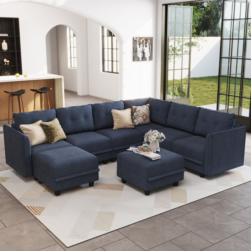 Tomario 8- Piece Upholstered U-Shaped Modular Sectional With Storage, Blue Polyester