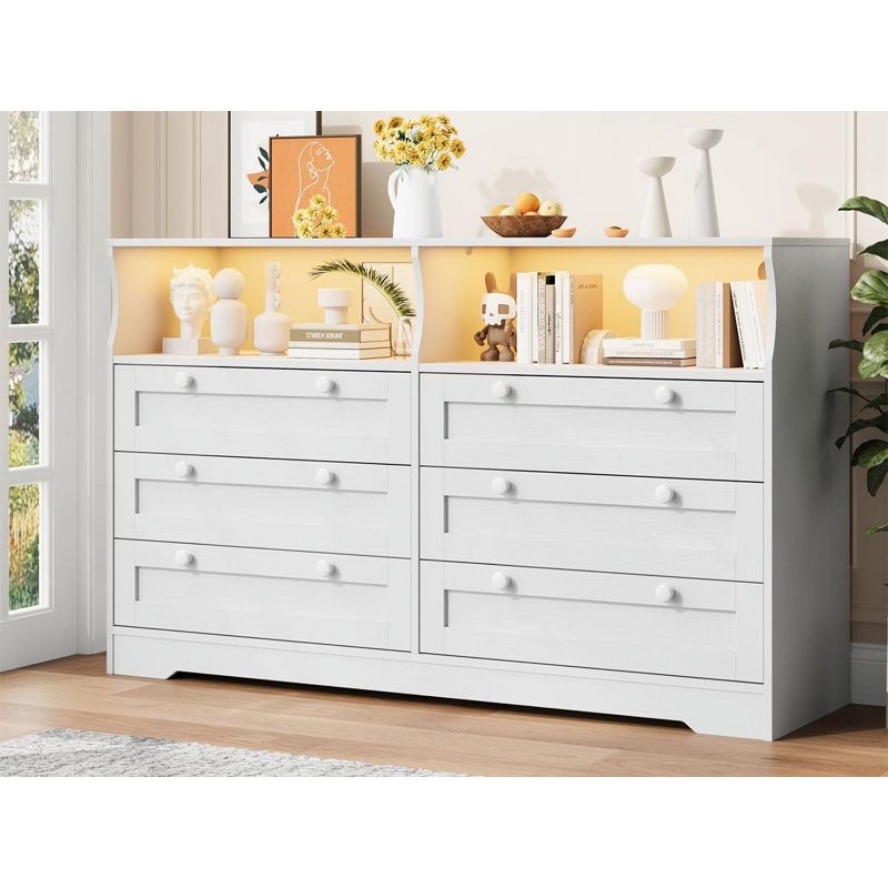 55" Wide 6-Drawer Dresser with Storage, LED & Charging Station, White, White