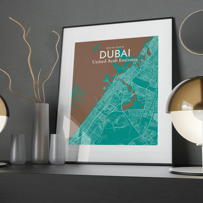 Carte de la ville de Dubaï, impression de luxe, H 20 po x l 16 po, Vert / brun