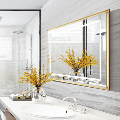Miroir de meuble-lavabo 40 x 30 pouces avec DEL, options de couleur 3000 - 6000K, brouillard, alliage d'aluminium doré, miroir mural biseauté à DEL 40 x 30 po, 3 couleurs à intensité variable, cadre en alliage d'aluminium Ip54, montable