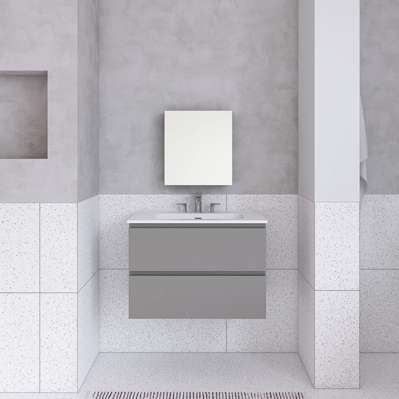 Meuble-lavabo mural avec lavabo en céramique et trois trous de robinet, Gris, 30"