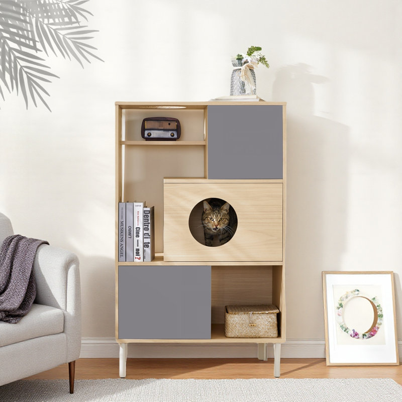 Bibliothèque pour chat moderne avec tablettes de rangement et 2 armoires