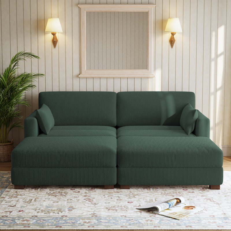Bentura Oversized Upholstered Hunter Green Corduroy Modular Sleeper Sofa Bed Lounge Modular Sofa with Armrests & Throw Pillows